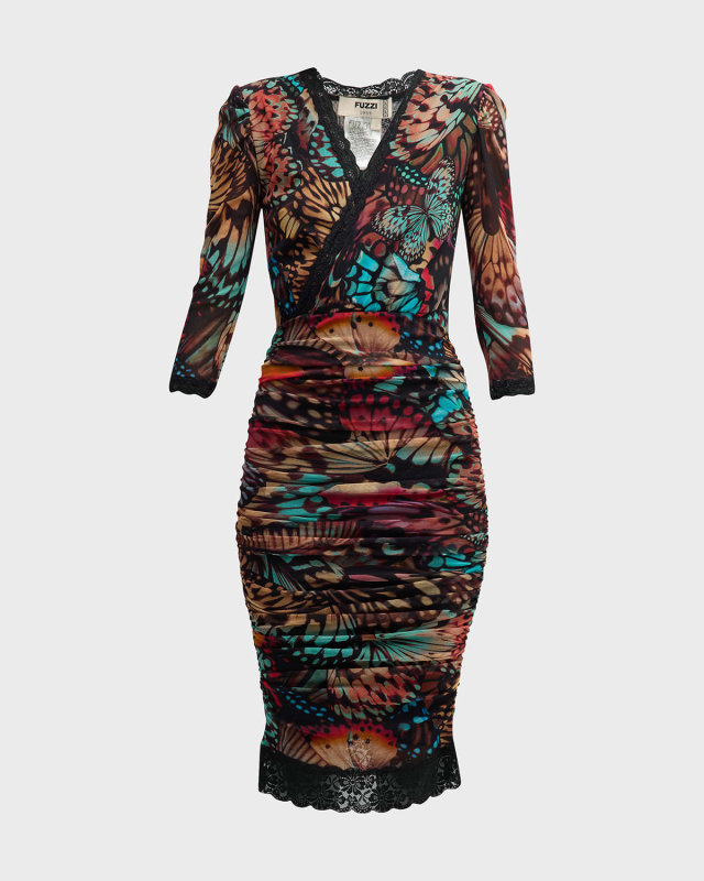 Butterfly-Print Lace-Trim Tulle Midi Dress